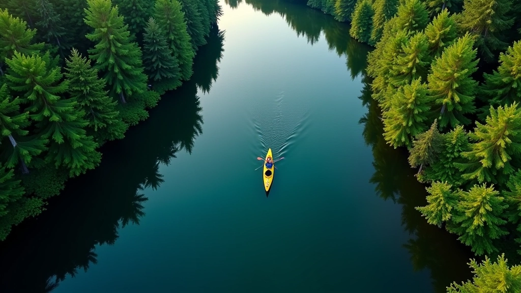 Aerial view of single kayak on river bend with lush green forest banks and clear water