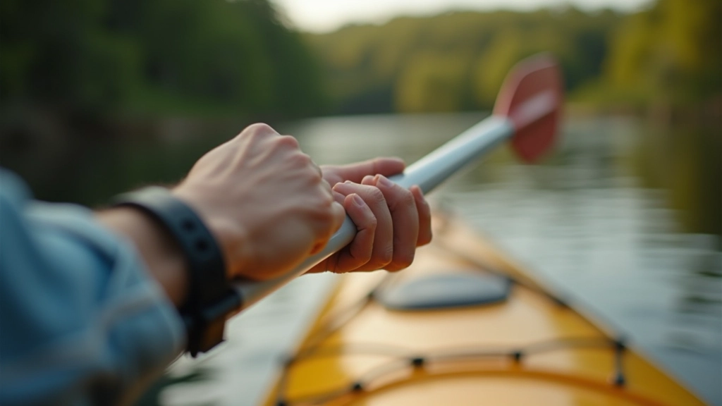 Close-up view of hands gripping kayak paddle correctly with proper spacing and relaxed wrist position