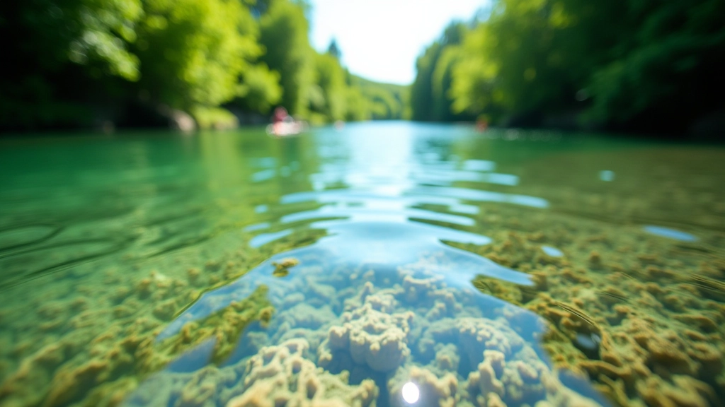Crystal clear river water with visible riverbed and aquatic plants, natural pristine environment