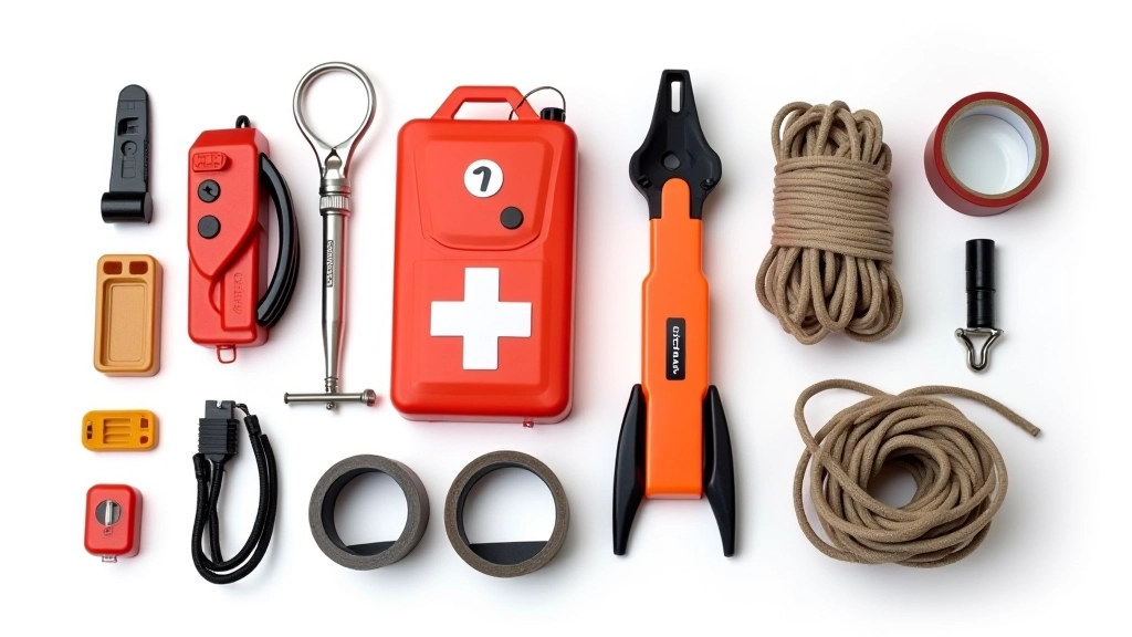 Emergency and safety kit for kayaking including first aid supplies, whistle, and repair items