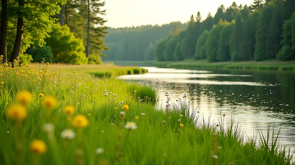 Grassy meadow beside calm river with forest backdrop