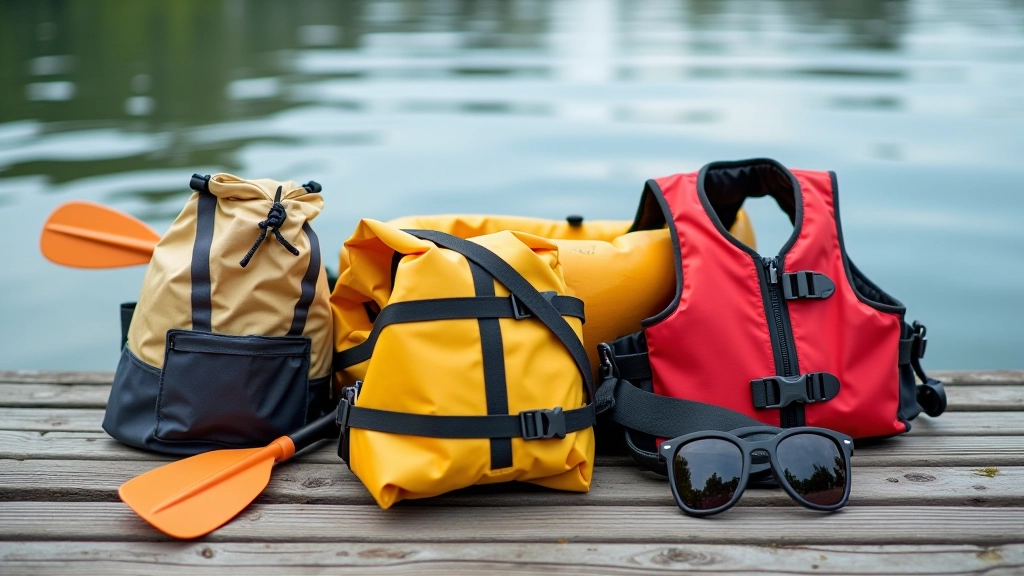 Kayak gear and equipment organized on wooden deck