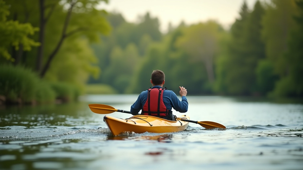 Kayaker mid-forward stroke on calm river, demonstrating proper body rotation and paddle angle