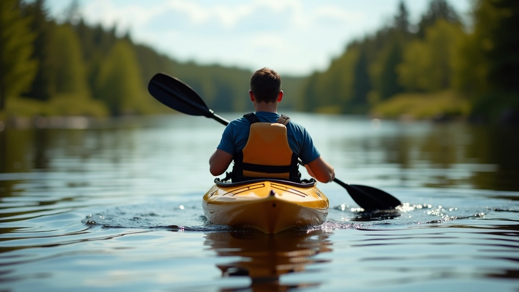 Kayaker mid-turn on river, showing lean and sweep paddle technique