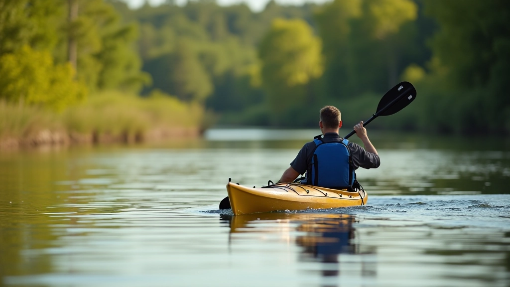 Kayaker demonstrating reverse paddle stroke to slow kayak on calm river