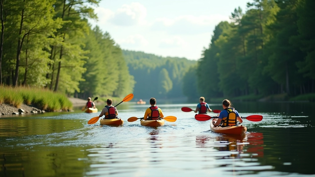 Group of kayakers paddling together on calm river surrounded by forest