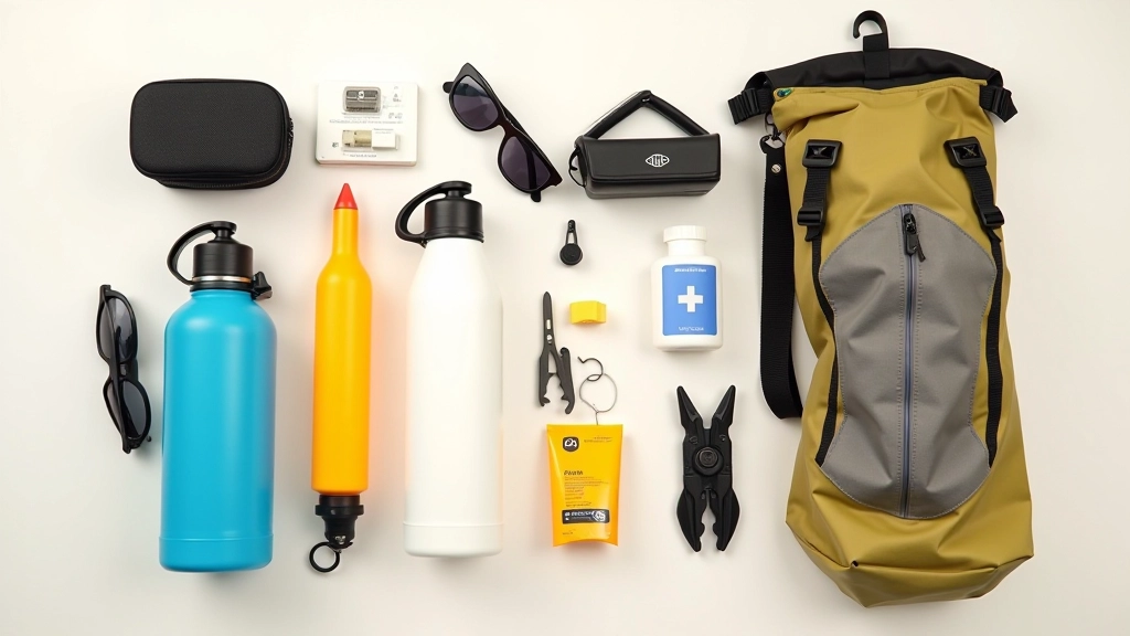 Organized kayak packing essentials including water bottles, sunscreen, first aid kit, and dry bag arranged on a table