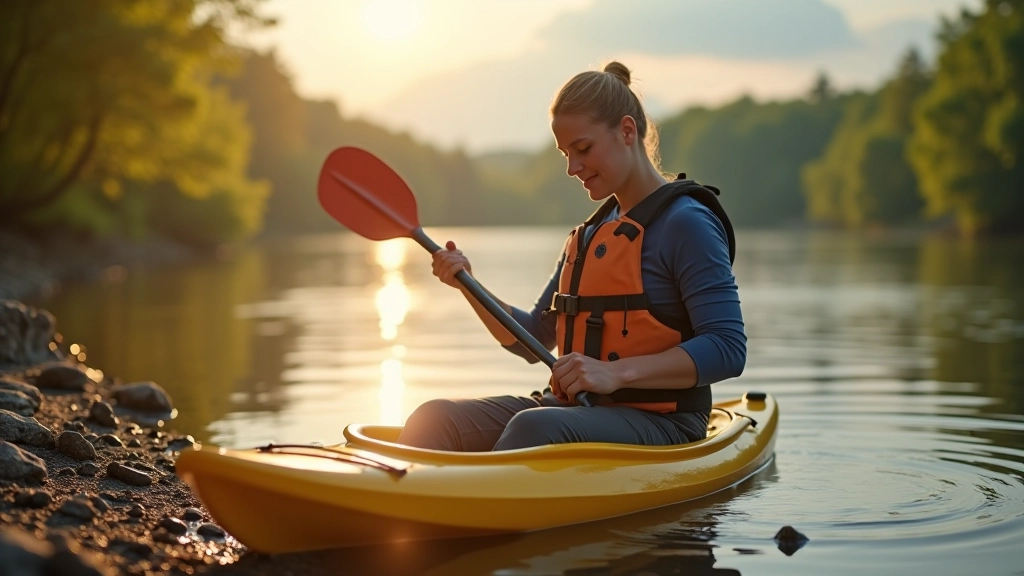 Paddler preparing kayak equipment before heading onto calm river
