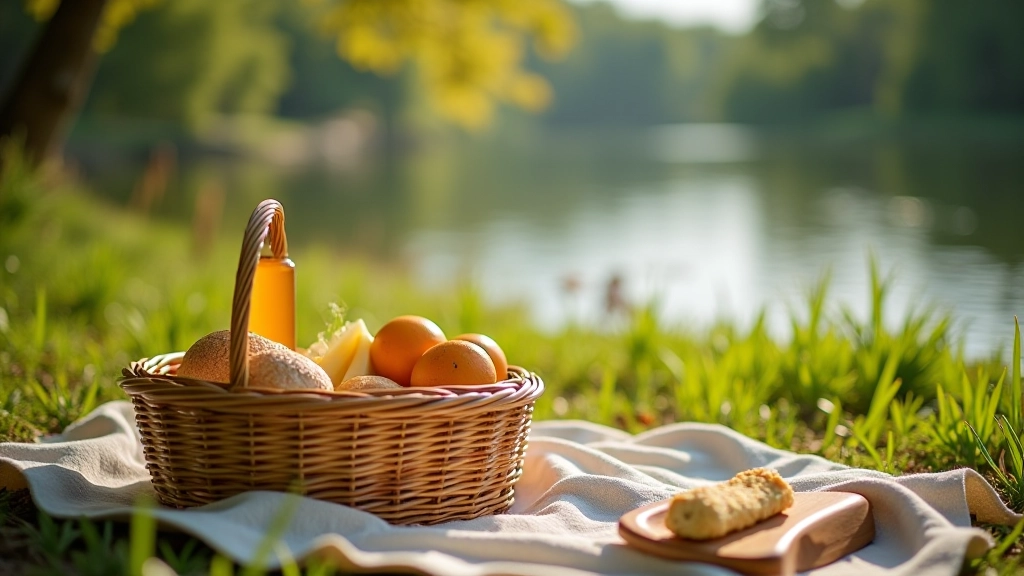Picnic setup on grassy riverbank with food and blanket near water