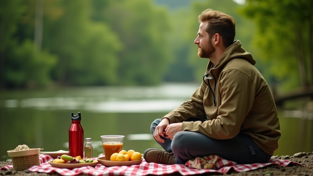 Paddler enjoying a lunch break on riverbank with snacks and thermos