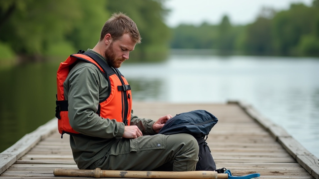 Paddler checking gear and supplies before launching from a river dock