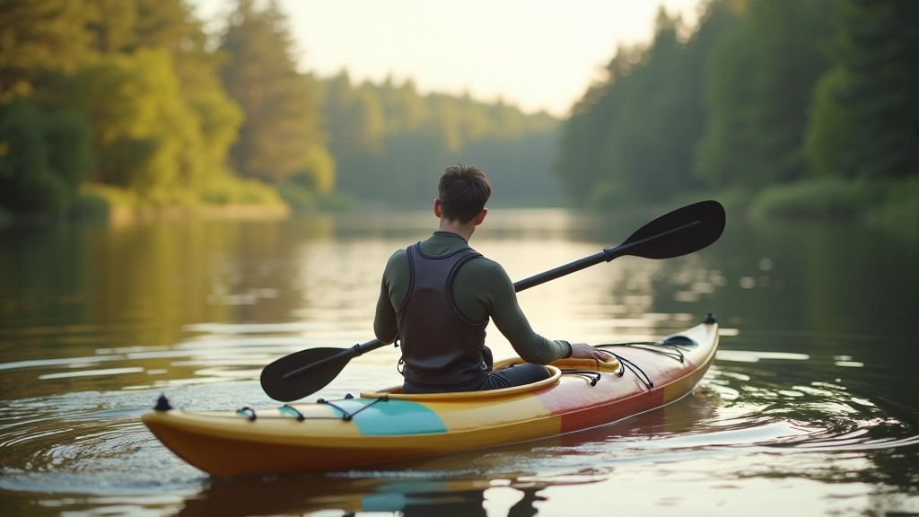 Paddler preparing single kayak at river launch point with trees and clear water visible