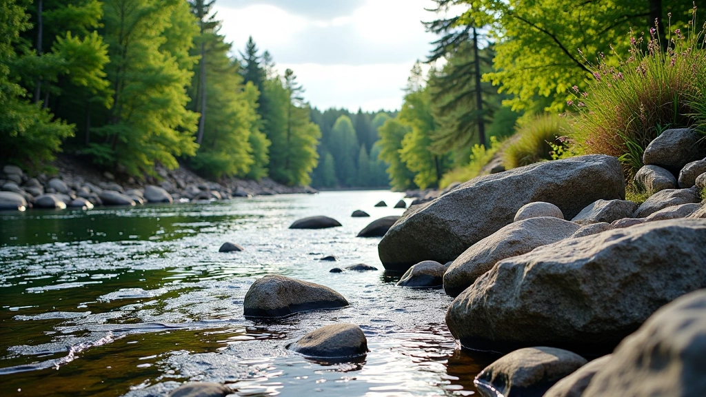 Rocky riverbank outcropping with forest and water view