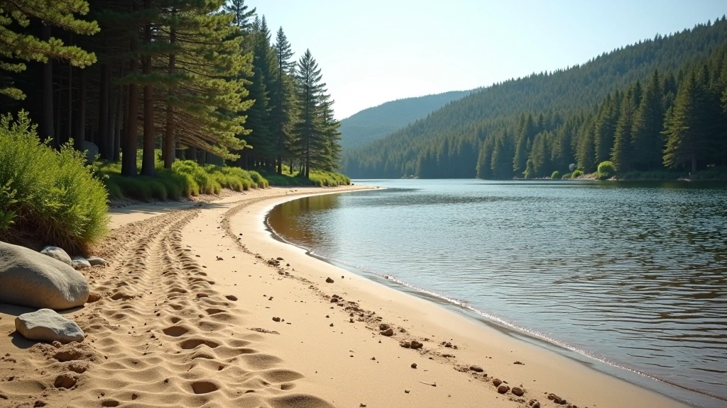 Sandy beach along river with pine trees and calm water
