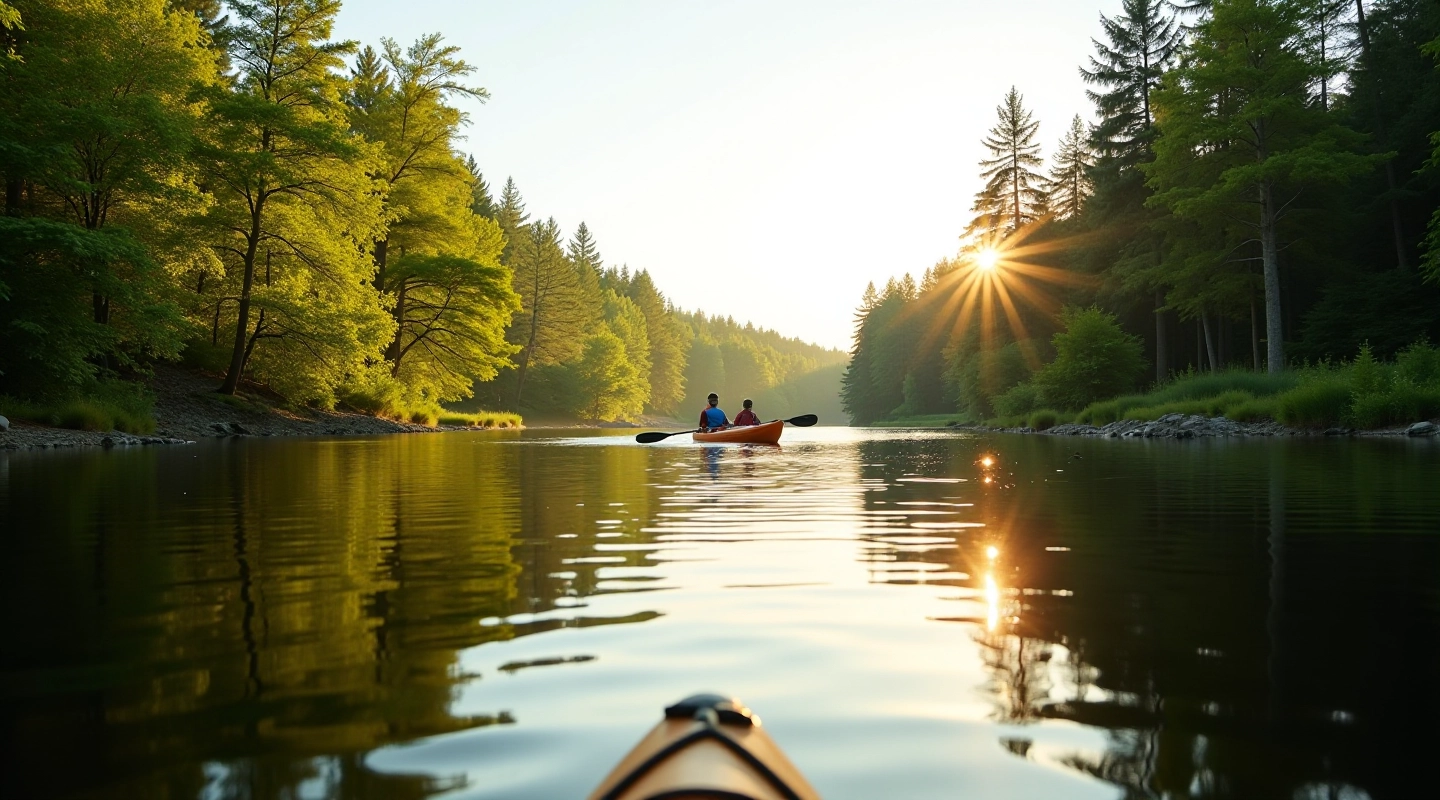 Kayak on calm river water with green forest banks reflecting in water, scenic natural environment