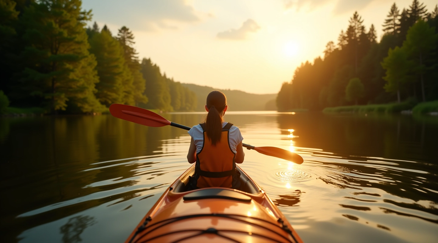 Beautiful river kayaking scene in Aukštaitija national park with calm waters and forest backdrop