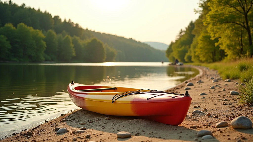 Kayak beached on sandy shore with trees and calm water