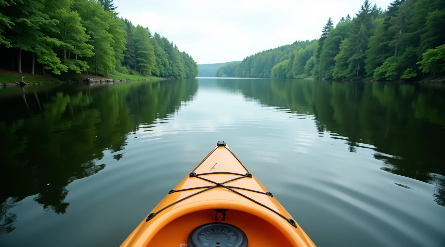 Kayak on calm river water with green forest banks reflecting in water